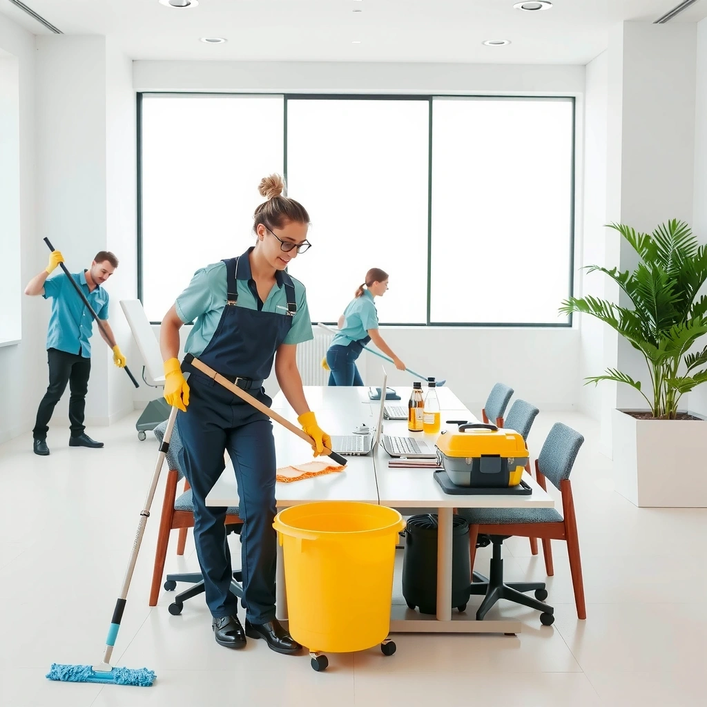 Professional cleaning team working in modern office space